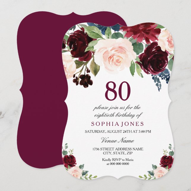 Invitación Fiesta de cumpleaños 80 de la floral rosa roja de  (Anverso / Reverso)