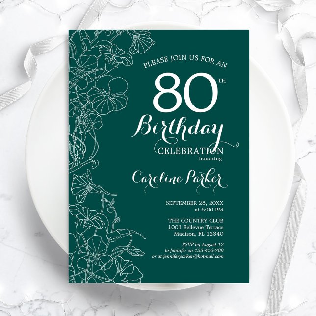 Invitación Fiesta de cumpleaños 80 de la floral verde verde a (Subido por el creador)