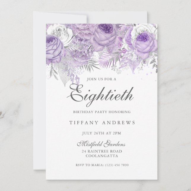 Invitación Fiesta de cumpleaños 80 de Lavender Purple Silver  (Anverso)