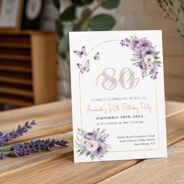 Invitación Fiesta de cumpleaños 80 de Lilac y Gold Floral (Subido por el creador)