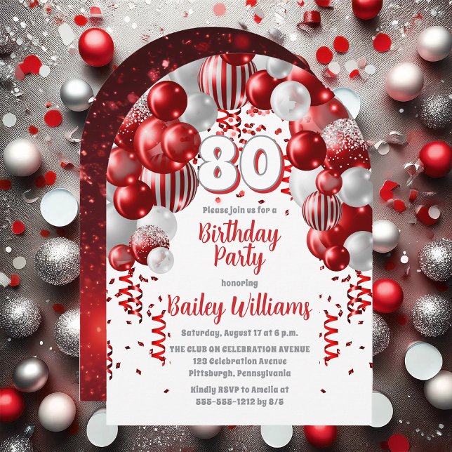 Invitación Fiesta de cumpleaños 80 de los Globos de Celebraci (Red, Silver Tone and White  Celebration Balloons "80" 80th Birthday Party Invitation - Print | Digi)