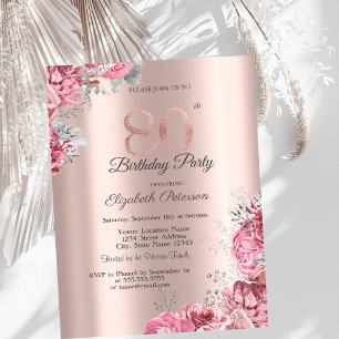 Invitación Fiesta de cumpleaños 80 de lujo rosa floral oro