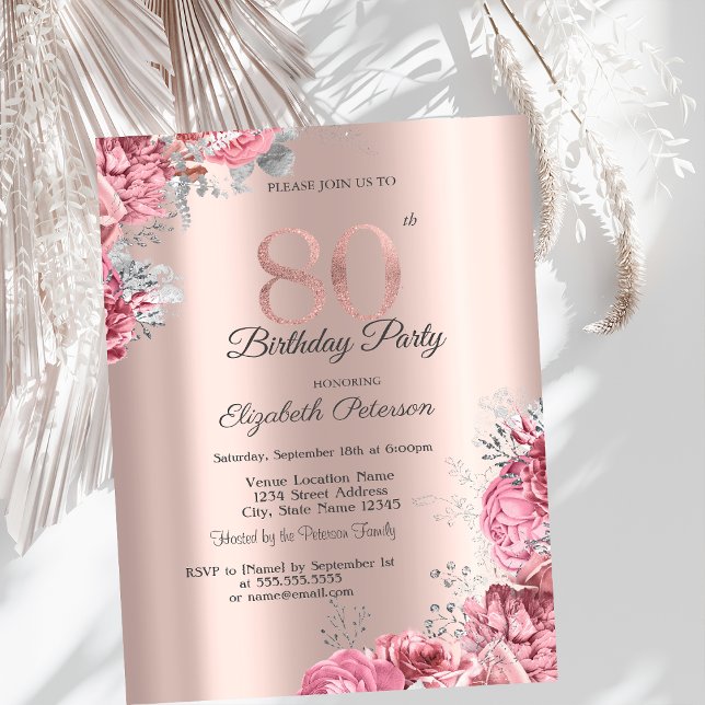 Invitación Fiesta de cumpleaños 80 de lujo rosa floral oro (Subido por el creador)