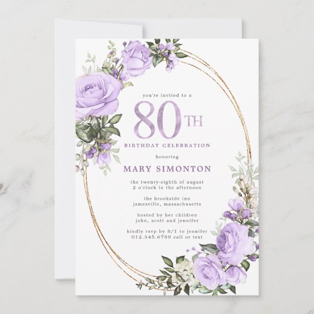Invitación Fiesta de cumpleaños 80 de Morple Rosa Floral (Anverso)