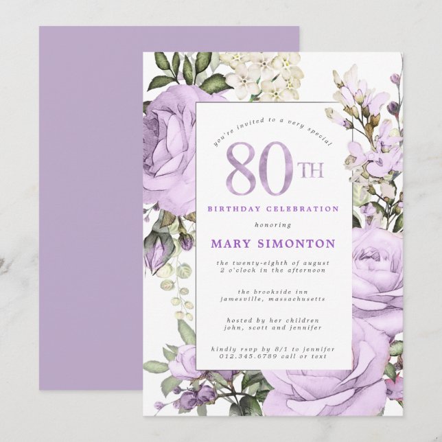 Invitación Fiesta de cumpleaños 80 de Morple Rosa Floral (Anverso / Reverso)