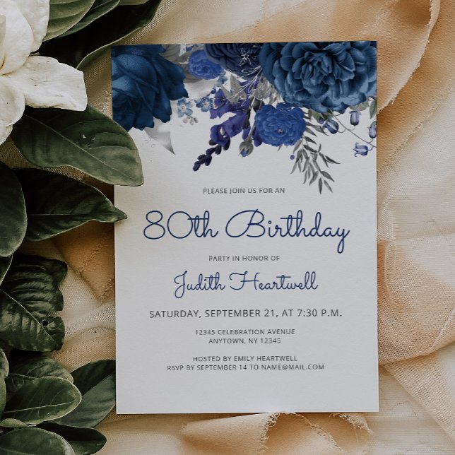 Invitación Fiesta de cumpleaños 80 de Navy Blue Silver Floral (Subido por el creador)