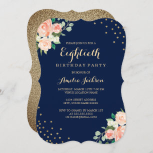 Invitación Fiesta de cumpleaños 80 de Navy Gold Floral Confet