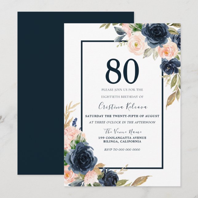 Invitación Fiesta de cumpleaños 80 de Navy y Rubor Floral Ele
