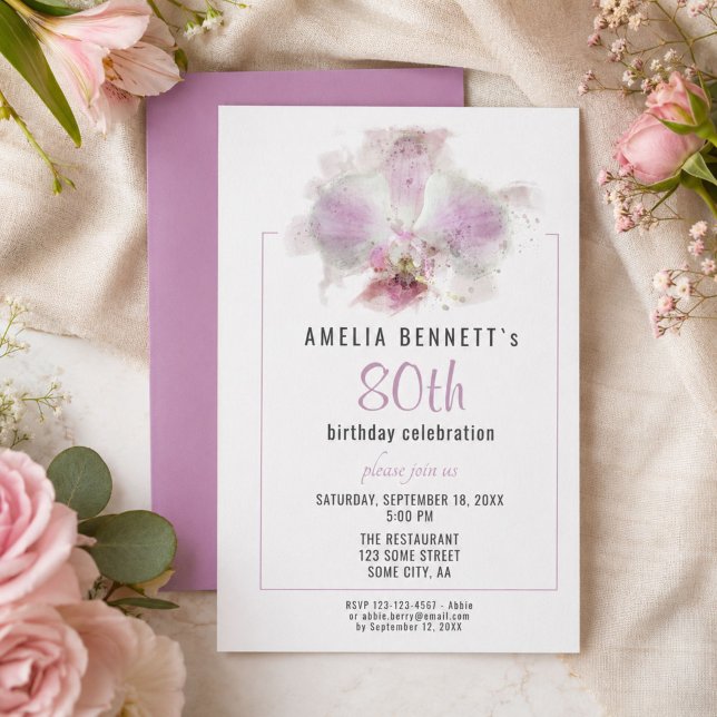 Invitación Fiesta de cumpleaños 80 de orquídea floral acuarel (Subido por el creador)