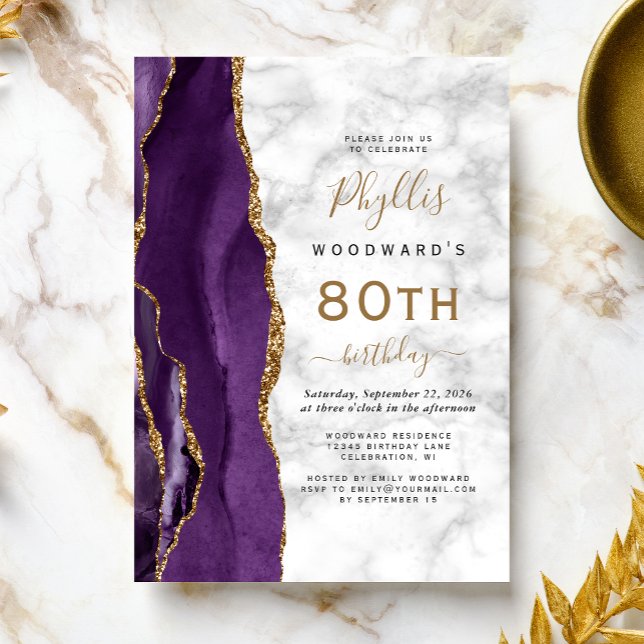 Invitación Fiesta de cumpleaños 80 de Purple Gold Agate Marbl (Subido por el creador)