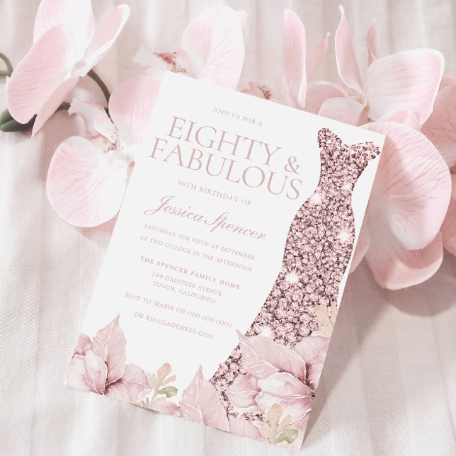 Invitación Fiesta de cumpleaños 80 de Purpurina de Rubor Flor (Subido por el creador)