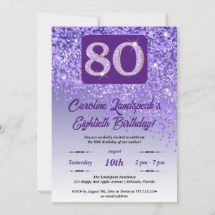Invitación Fiesta de cumpleaños 80 de Purpurina morado que ca
