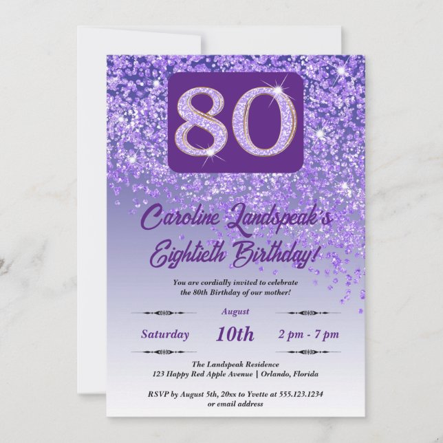 Invitación Fiesta de cumpleaños 80 de Purpurina morado que ca (Anverso)
