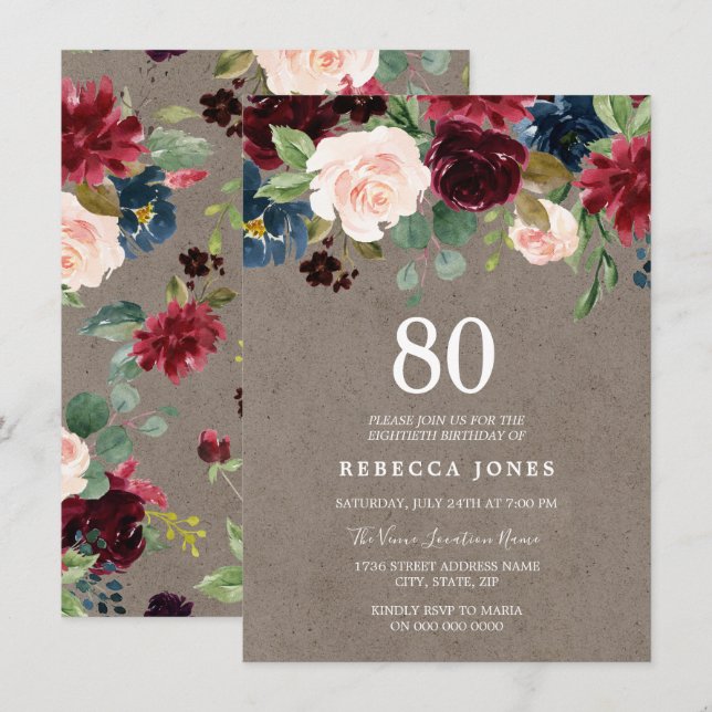 Invitación Fiesta de cumpleaños 80 de Red Wine Burgundy Flora (Anverso / Reverso)
