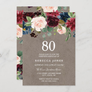 Invitación Fiesta de cumpleaños 80 de Red Wine Burgundy Flora