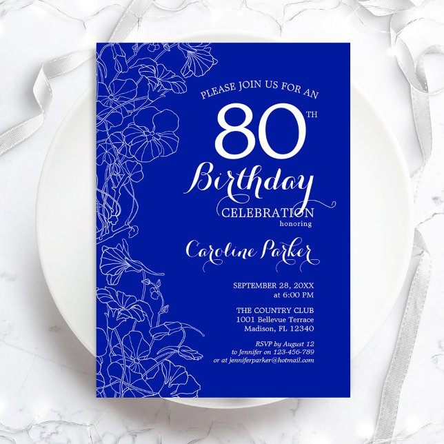 Invitación Fiesta de cumpleaños 80 de Royal Blue Floral (Subido por el creador)
