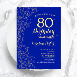Invitación Fiesta de cumpleaños 80 de Royal Blue Gold Floral
