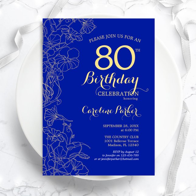 Invitación Fiesta de cumpleaños 80 de Royal Blue Gold Floral (Subido por el creador)