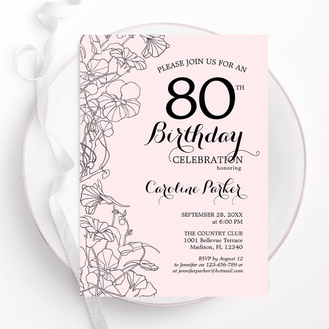Invitación Fiesta de cumpleaños 80 de Rubor Pink Floral (Subido por el creador)