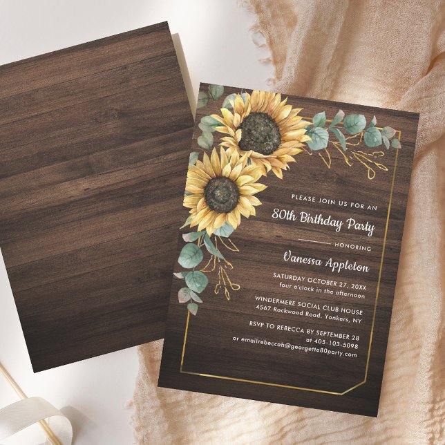 Invitación Fiesta de cumpleaños 80 de Rustic Sunflower Floral (Rustic Sunflower Eucalyptus Wood Look 80th Birthday Party Invitation)