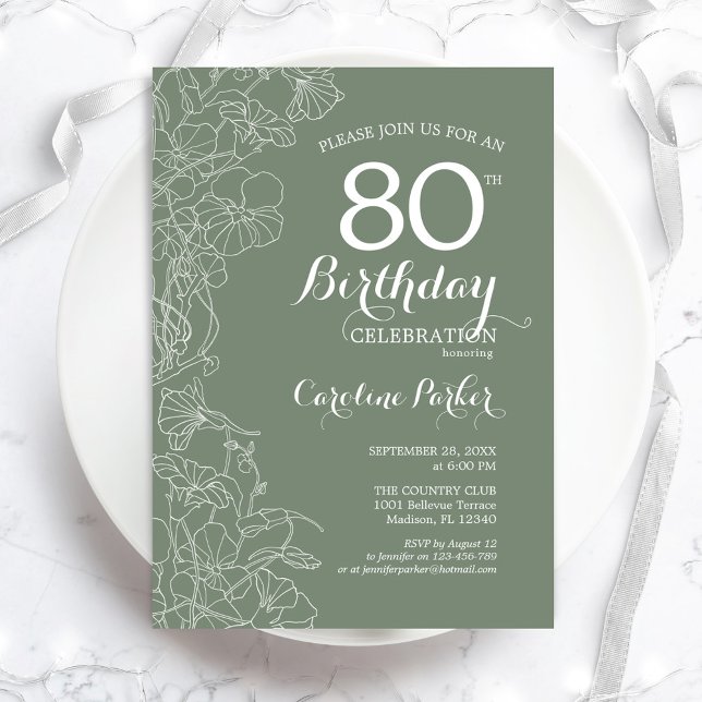 Invitación Fiesta de cumpleaños 80 de Sage Green Floral (Subido por el creador)