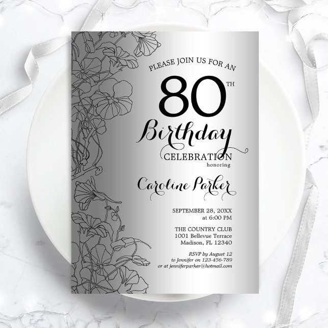 Invitación Fiesta de cumpleaños 80 de Silver Black Floral (Subido por el creador)