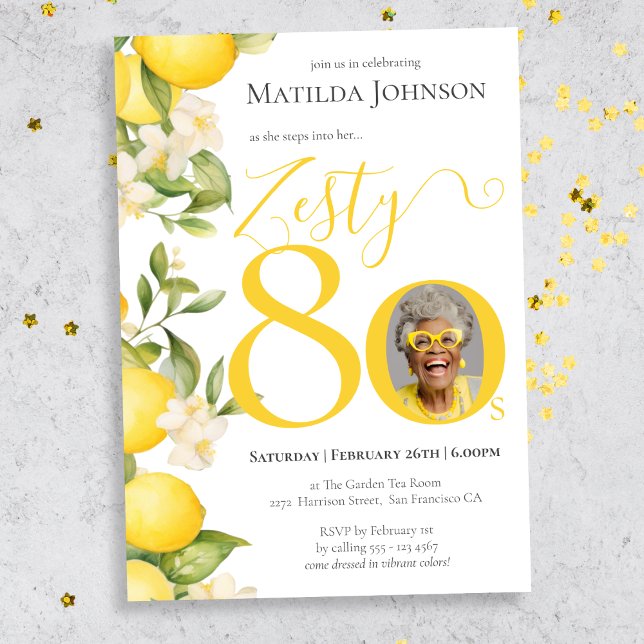 Invitación Fiesta de cumpleaños 80 de Zesty Lemon Photo (Mockup View)