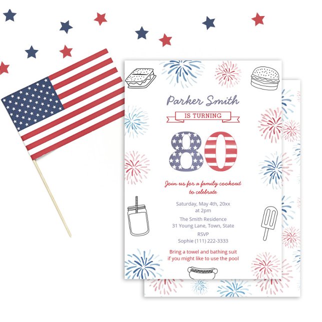 Invitación Fiesta de cumpleaños 80 del fin de semana de feria (Fun casual red white and blue 80th birthday invitation perfect for a 4th July Birthday)