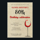 Invitación Fiesta de cumpleaños 80 del Vidrio Rojo Rústico<br><div class="desc">Invitación a la fiesta de cumpleaños número 80 de la copa de vino rojo rústico. Invitación a la fiesta de cumpleaños número 80 para él. Invitación con una copa de vino tinto abstracto sobre un fondo rústico beige. El texto está en color blanco y rojo y es totalmente personalizable -...</div>