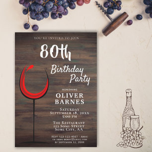Invitación Fiesta de cumpleaños 80 del Vino Rojo Rústico