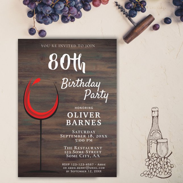 Invitación Fiesta de cumpleaños 80 del Vino Rojo Rústico (Subido por el creador)