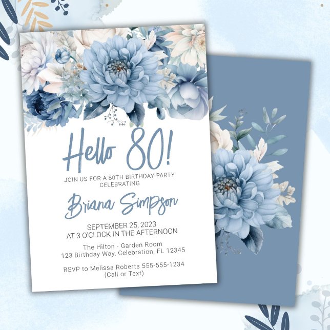 Invitación Fiesta de cumpleaños 80 Dusty Blue Floral (Subido por el creador)