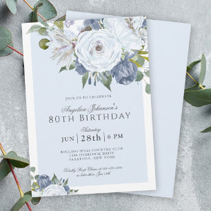 Invitación Fiesta de cumpleaños 80 elegante azul y blanco flo