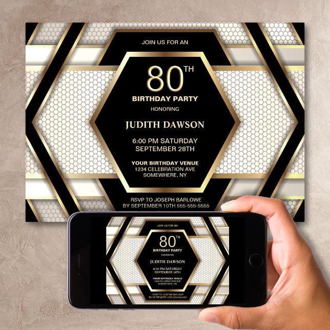 Invitación Fiesta de cumpleaños 80 elegante en negro y dorado (Subido por el creador)