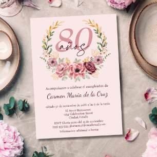 Invitación Fiesta de Cumpleaños 80 Elegante Floral Rosa Españ