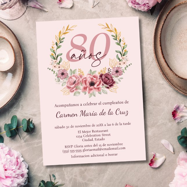 Invitación Fiesta de Cumpleaños 80 Elegante Floral Rosa Españ (Subido por el creador)