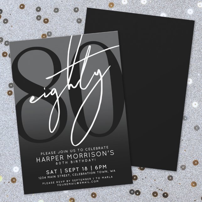Invitación Fiesta de Cumpleaños 80 Elegante Negra (Elegant Black 80th Birthday Party Invitation)