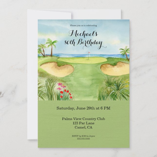 Invitación Fiesta de cumpleaños 80 en campo de golf tropical (Anverso)