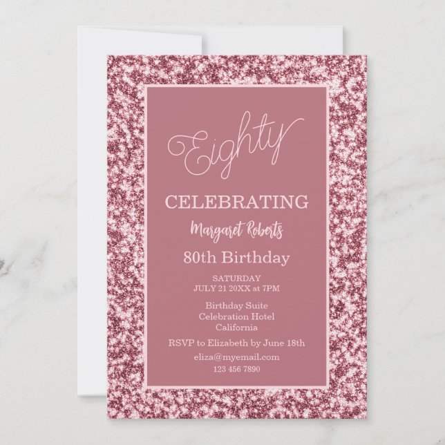 Invitación Fiesta de cumpleaños 80 en rosa dorado con purpuri (Anverso)