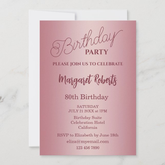 Invitación Fiesta de cumpleaños 80 en Rosa Oro (Anverso)
