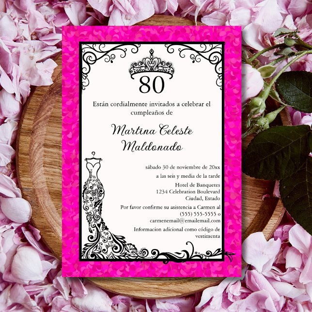 Invitación Fiesta de Cumpleaños 80 Española Rosa Fucsia Negro (Subido por el creador)