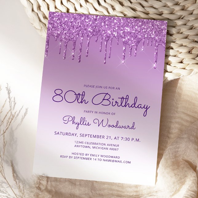 Invitación Fiesta de cumpleaños 80 Glitter Drip Purple (Subido por el creador)