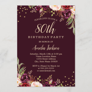 Invitación Fiesta de cumpleaños 80 Gold Burgundy floral deste