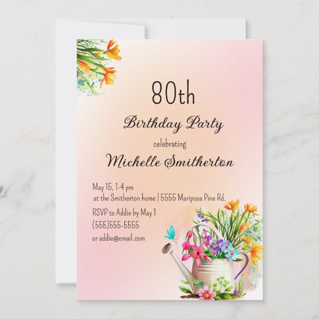 Invitación Fiesta de cumpleaños 80 jardinería de flores (Anverso)