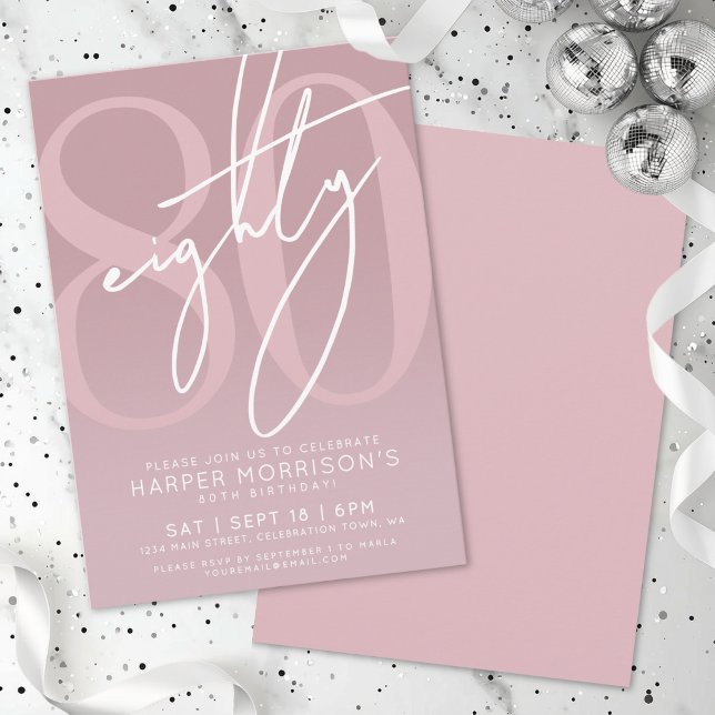 Invitación Fiesta de cumpleaños 80 Mauve Pink (Mauve Pink 80th Birthday Party Invitation)