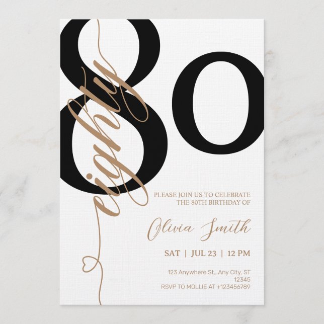 Invitación Fiesta de cumpleaños 80 moderna blanca y dorada (Anverso)