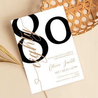 Invitación Fiesta de cumpleaños 80 moderna blanca y dorada