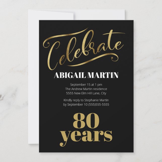 Invitación Fiesta de cumpleaños 80 negro oro blanco (Anverso)