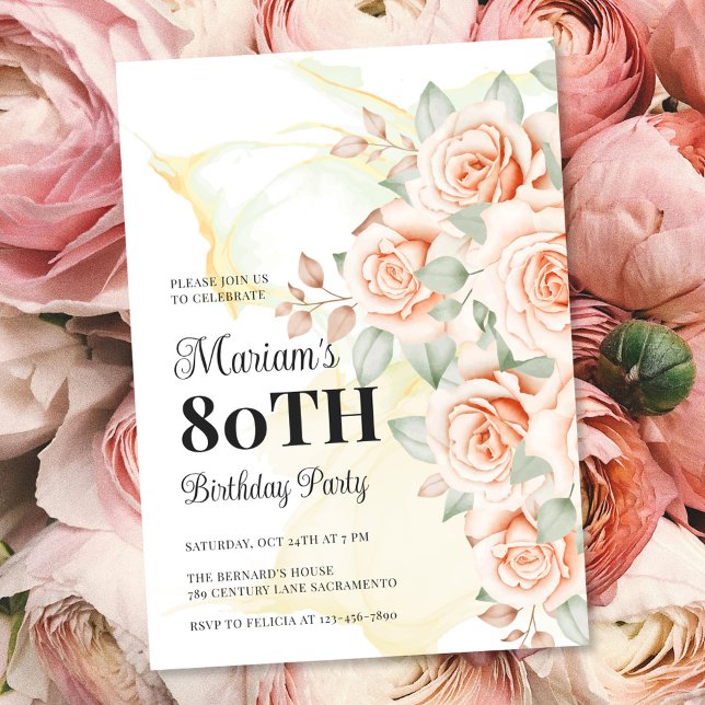 Invitación Fiesta de cumpleaños 80 pintada con flores (Subido por el creador)