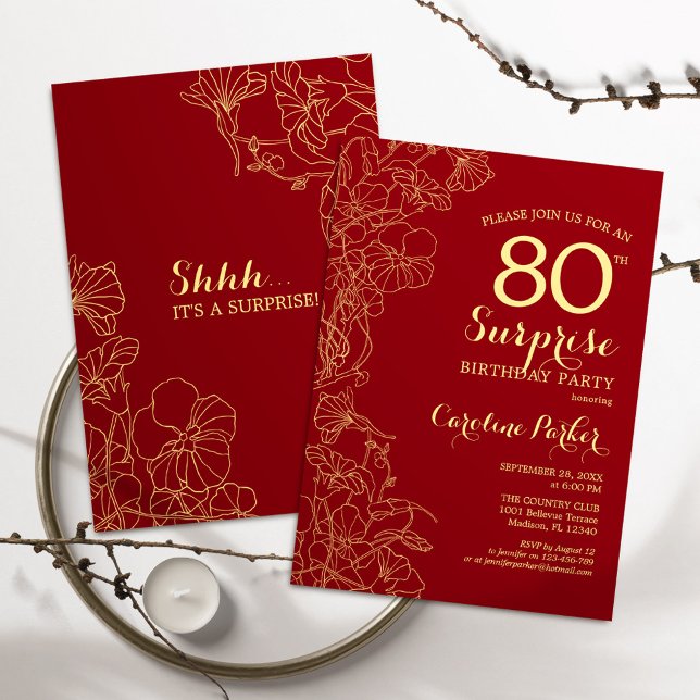 Invitación Fiesta de cumpleaños 80 Red Gold Surprise (Subido por el creador)